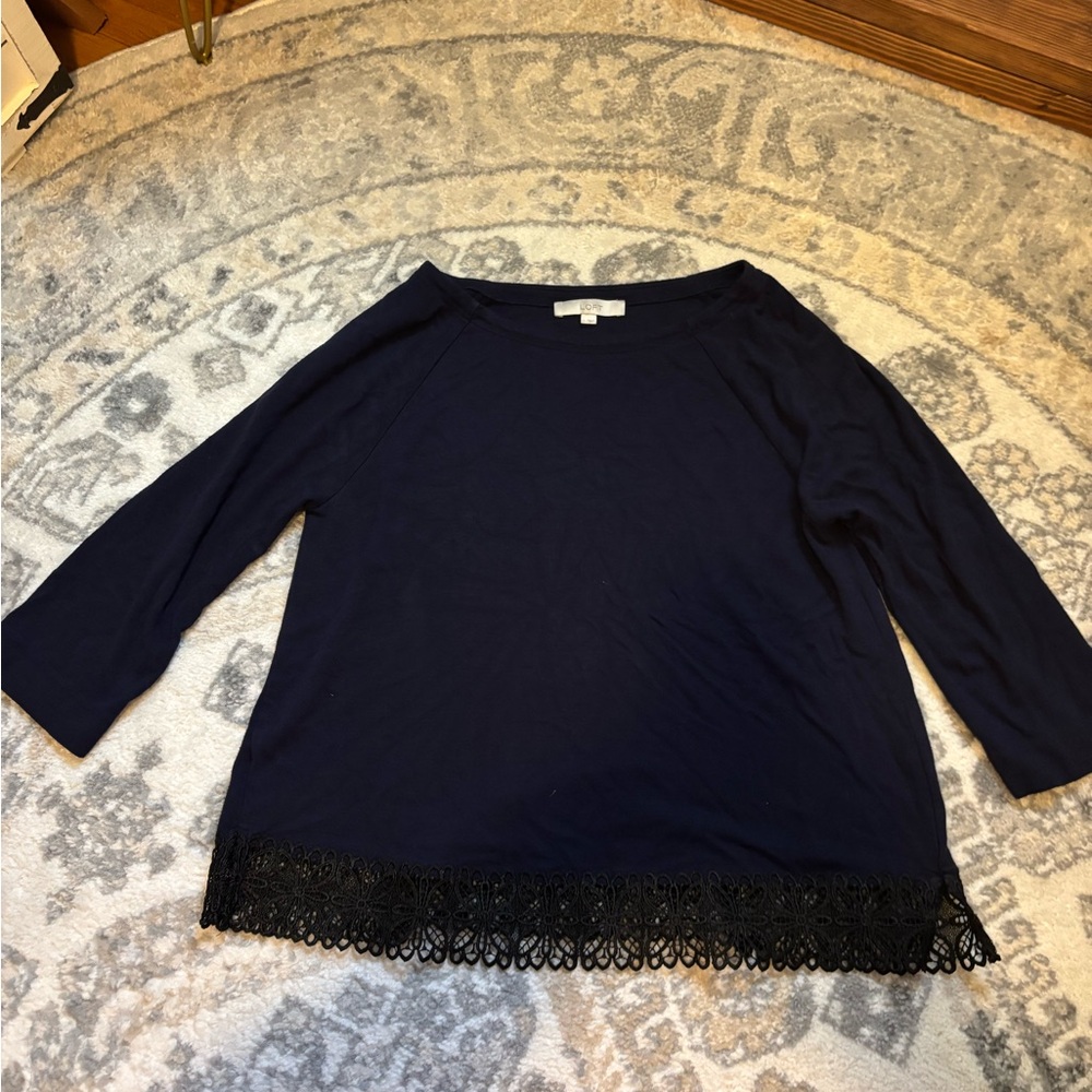 LOFT Navy Blue Blouse with Black Lace Trim